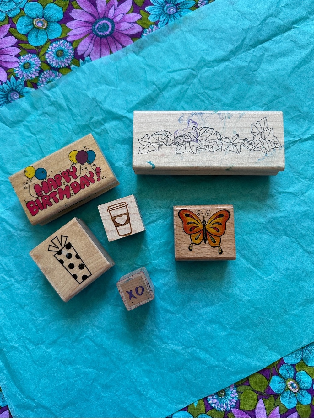 Assorted Stamps-Butterfly ,Coffee , XO , Happy Birthday, Gift box, Ivy trim